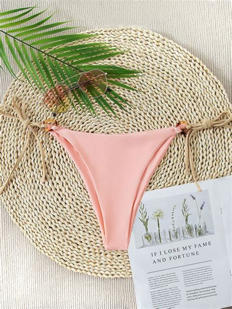 Ring Linked Tie Side Bikini Panty Side Tie Bikini Beachwear For Women Pink