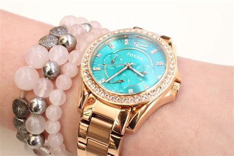 Womens Gold Plated Blue Face Fossil Chronograph Watch And Bracelet