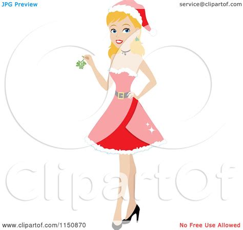 Cartoon Of A Blond Christmas Woman Wearing A Santa Dress And Holding