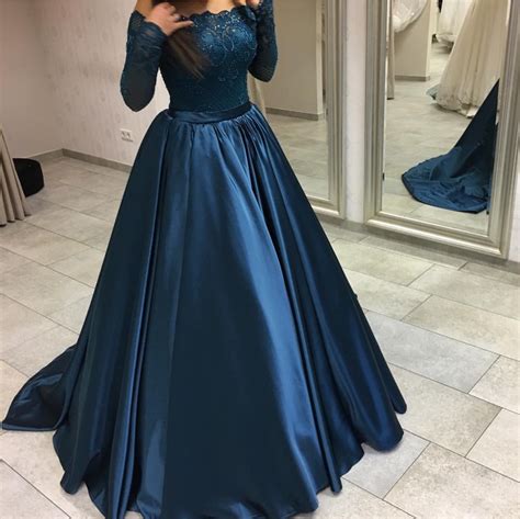 P80 Navy Blue Satin Long Sleeves Prom Dresses Ball Gownsoff The