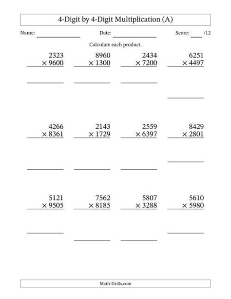 Multiplication Of 4 Digit Numbers 6th Grade Worksheet