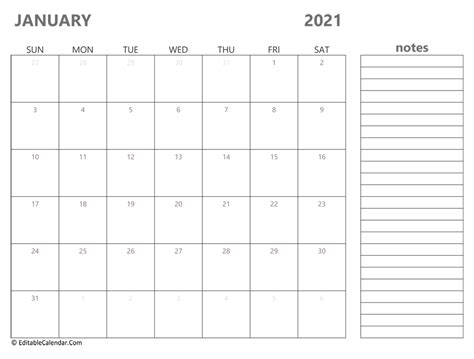 An editable january 2021 calendar excel template with public holidays. January 2021 Calendar Templates