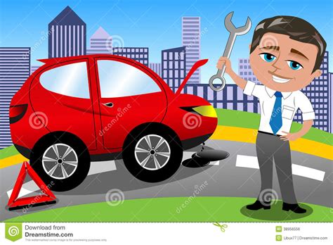 Cars racing cartoon with helpy the truck on #kidsfirsttv. Smiling Man Fixing His Broken Car Stock Vector - Image ...