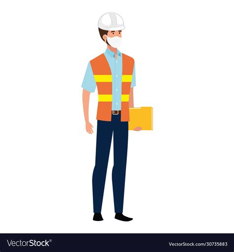 Man Engineer With Vest Using Face Mask Isolated Vector Image