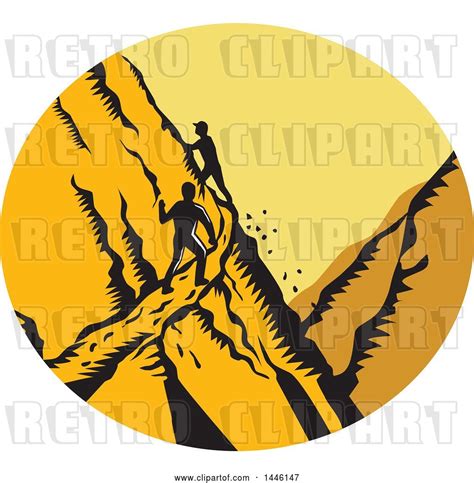 Vector Clip Art Of Retro Woodcut Scene Of Male Hikers Climbing A Steep