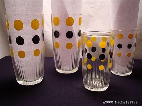 Hazel Atlas Pint Glass Tumbler Yellow Black Polka Dots Set Of Glass