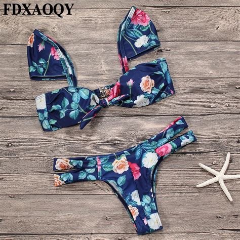 Fdxaoqy 2018 New Style Push Up Rose Print Thong Sexy Bikini Set Flounces Women Swimsuit Swimwear