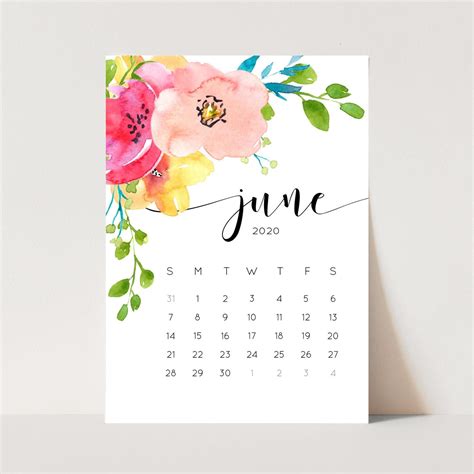 Calendar 2020 Printable Watercolor Floral Calendar Flowers Etsy
