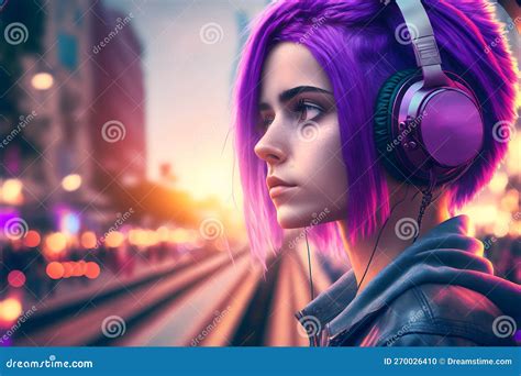 Portrait Of Young Girl With Purple Hair Listening Music With Headphones