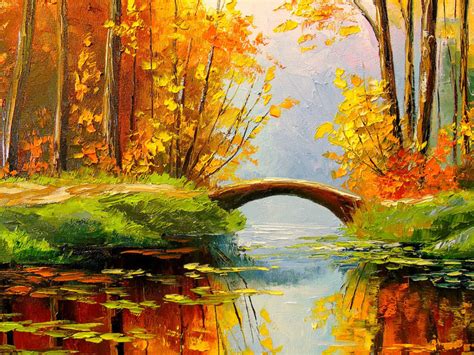 Bridge In The Autumn Forest Paintings By Olha Darchuk