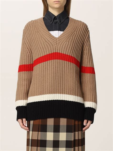Burberry Oversize Ribbed Cashmere Blend And Striped Cotton Sweater Camel Burberry Sweater
