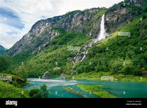 Norway Landscape With Waterfall In Mountain River Canyon Stock Photo