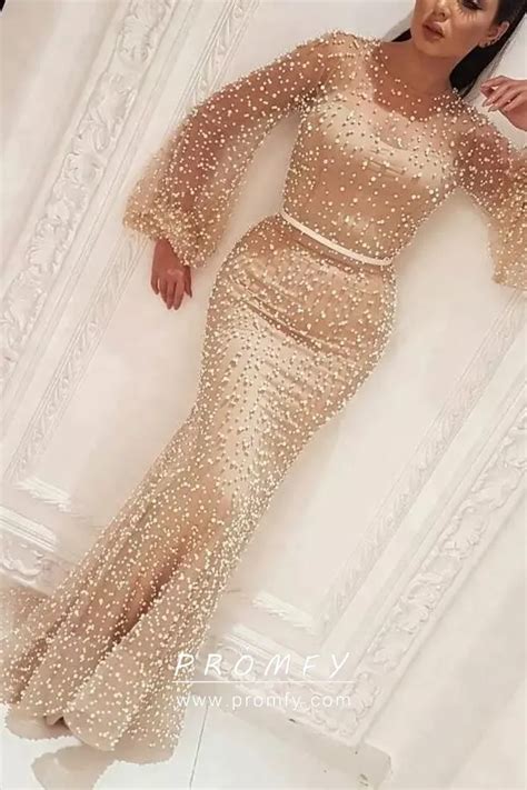 Pearls Nude Tulle Long Sleeve Evening Prom Dress Promfy