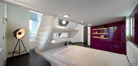 Split Level Plush Futuristic Retro Bedroom In White With Red Feature