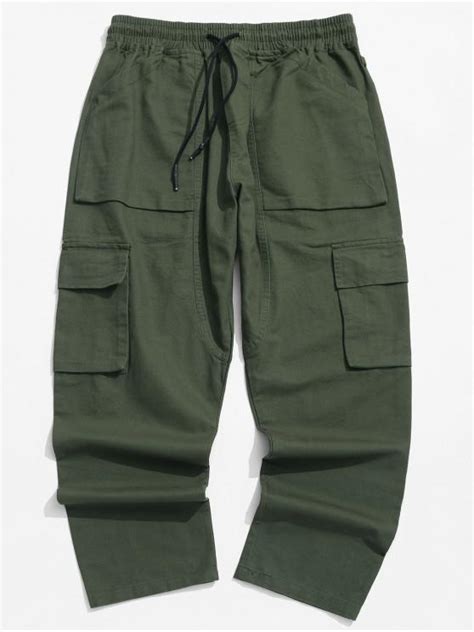 31 Off 2021 Solid Color Flap Pocket Drawstring Cargo Pants In Green
