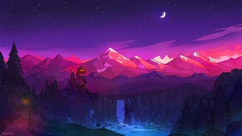 Firewatch Mountains Forest Waterfall Tower Moon Stars Stream
