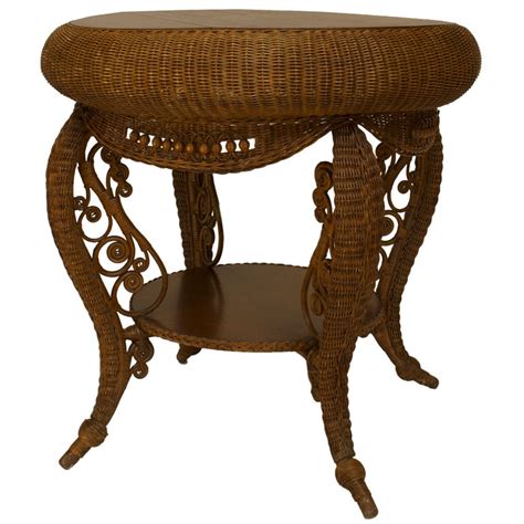 Small 19th C American Heywood Wakefield Oak And Wicker Table For Sale