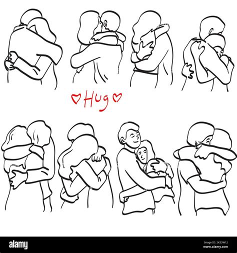 line art set of romantic couple hugging illustration vector hand drawn isolated on white