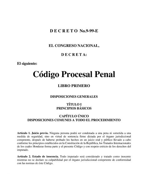 Codigo Procesal Penal Honduras Actualizado D E C R E T O No 99 E El