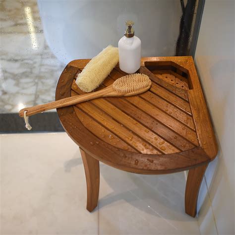 Dussi Solid Teak Wood Corner Shower Bench Stool With Toiletries Holder