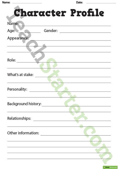 Detailed Character Profile Worksheet Teaching Resource Teach Starter