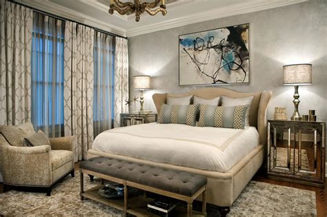 Serene Master Bedroom Features Upholstered Bed And Mirrored