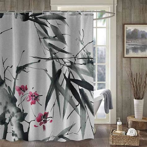 Scottdecor Japanese Shower Curtains Natural Sacred Bamboo Stems Cherry Blossom Japanese Inspired