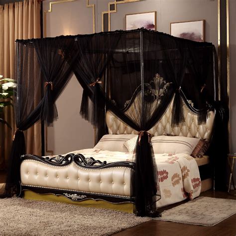 Nattey 4 Corners Post Canopy Bed Curtain King Size Black 4 Opening