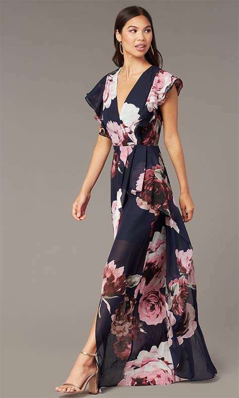 Find searching for wedding outfits for women stressful? Long Navy Floral-Print Wedding-Guest Dress - PromGirl
