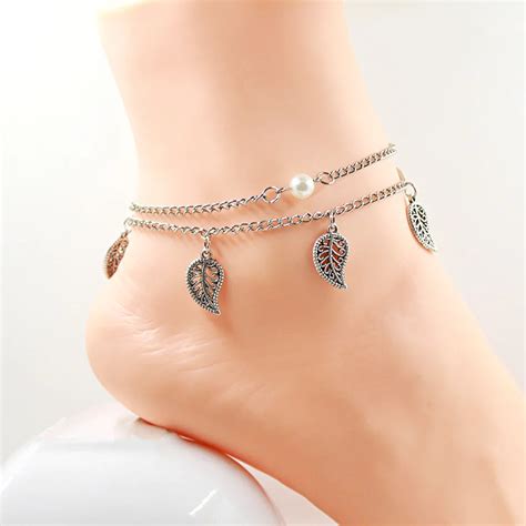 Bohemian Style Leaves Charms Anklet Pearl Bead Anklet Two Layers Anklet