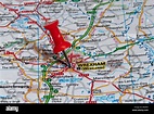 red map pin in road map pointing to city of Wrexham Stock Photo - Alamy