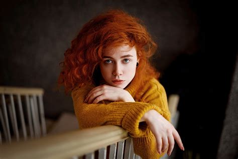 Redhead Indoors Sweater Stairs Yellow Sweater Women Model Depth Of Field Long Hair K