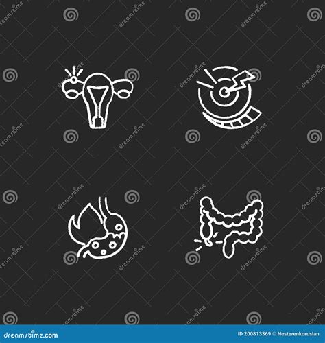 Abdominal Inflammation Chalk White Icons Set on Black Background Stock