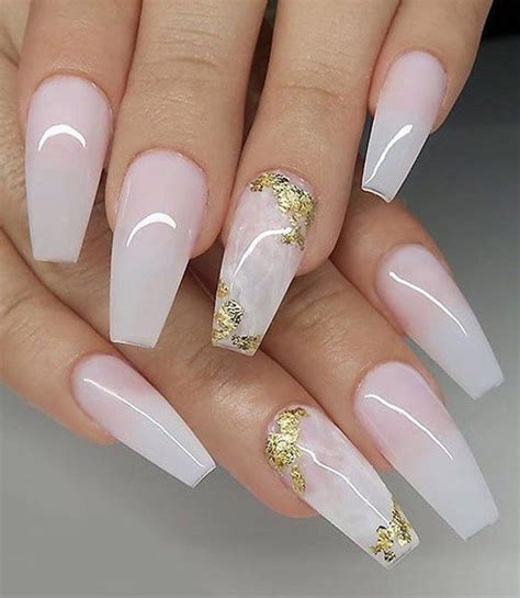 Milky White With Gold Foil On Coffin Nails For Every Girls White