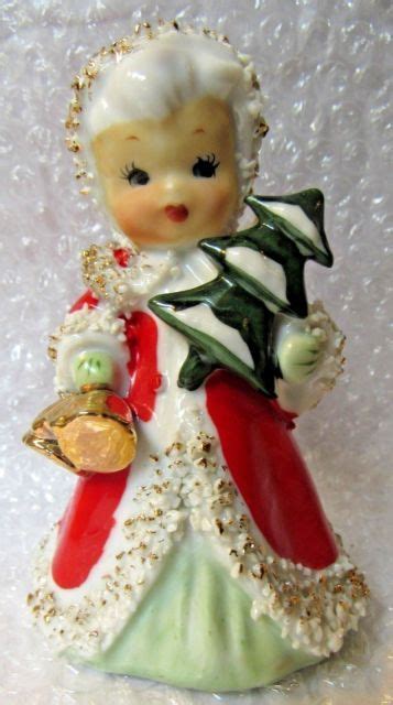 Vintage Lefton Christmas Angel Girl Bell Figurine With Bells And Tree