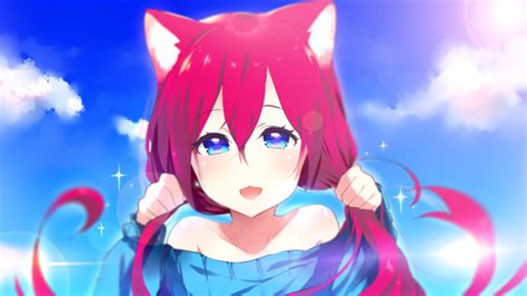 Animal Ears Aoiken Aqua Eyes Catgirl Cat Smile Clouds Jpeg Artifacts