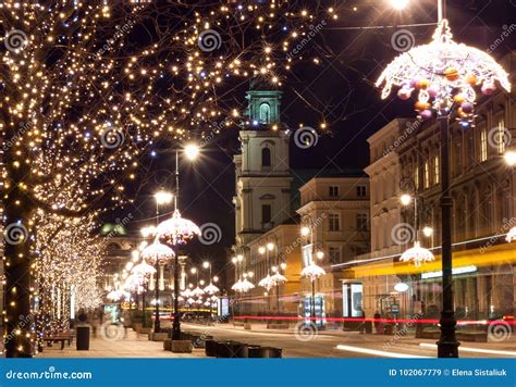 Night City Lights In Old Town Warsaw Poland Christmas Stock Image