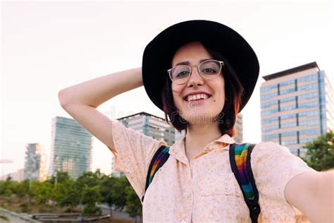 Selfie Of A Beautiful Woman With Glasses And Hat Stock Image Image Of Female Positivity