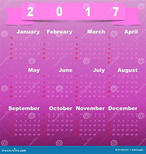 2017 Calendar On Pink Gradient Background Stock Vector Illustration