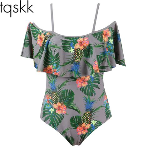 Tqskk 2018 Off The Shoulder Print Swimwear Women One Piece Swimsuit