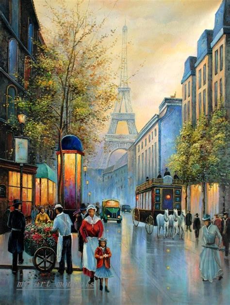 Oil Painting Street Paris With Eiffel Tower On Canvas 36x48 Paris