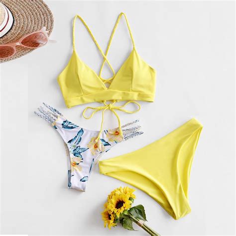 buy chamsgend women s bikini print set swimsuit three piece filled bra swimwear beachwear at
