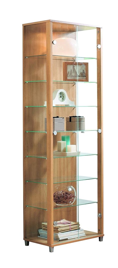 Home Double Glass Display Cabinet 4 Glass Shelves Fully Assembled Oak Effect Uk