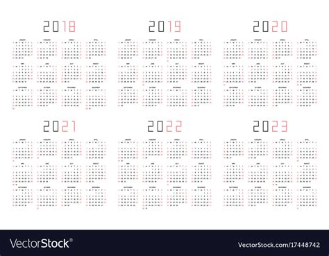 Calendar 2018 2019 2020 2021 2022 2023 Royalty Free Vector