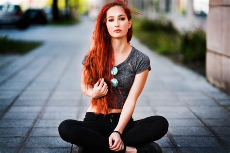 Wallpaper Redhead Sunglasses Depth Of Field Long Hair Portrait Sitting Jeans Women