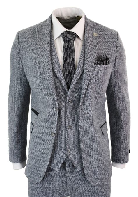 Mens Light Grey 3 Piece Tweed Herringbone Suit Stz11 Buy Online