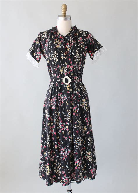 Vintage 1930s Dark Garden Floral Cotton Day Dress Raleigh Vintage