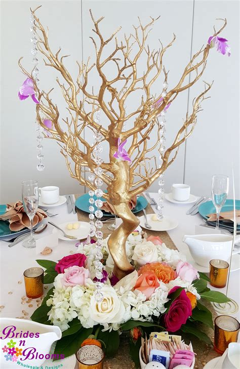 Gold Manzanita Tree With Crystals And Orchids And Flower Base Surround