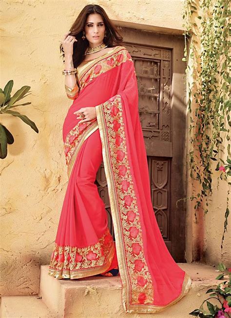 Pious Red Georgette On Net Saree Saree Designs Party Wear Sarees
