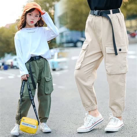 High Waist Cargo Pants For Kids Girls Pure Color Cool Trousers Pocket